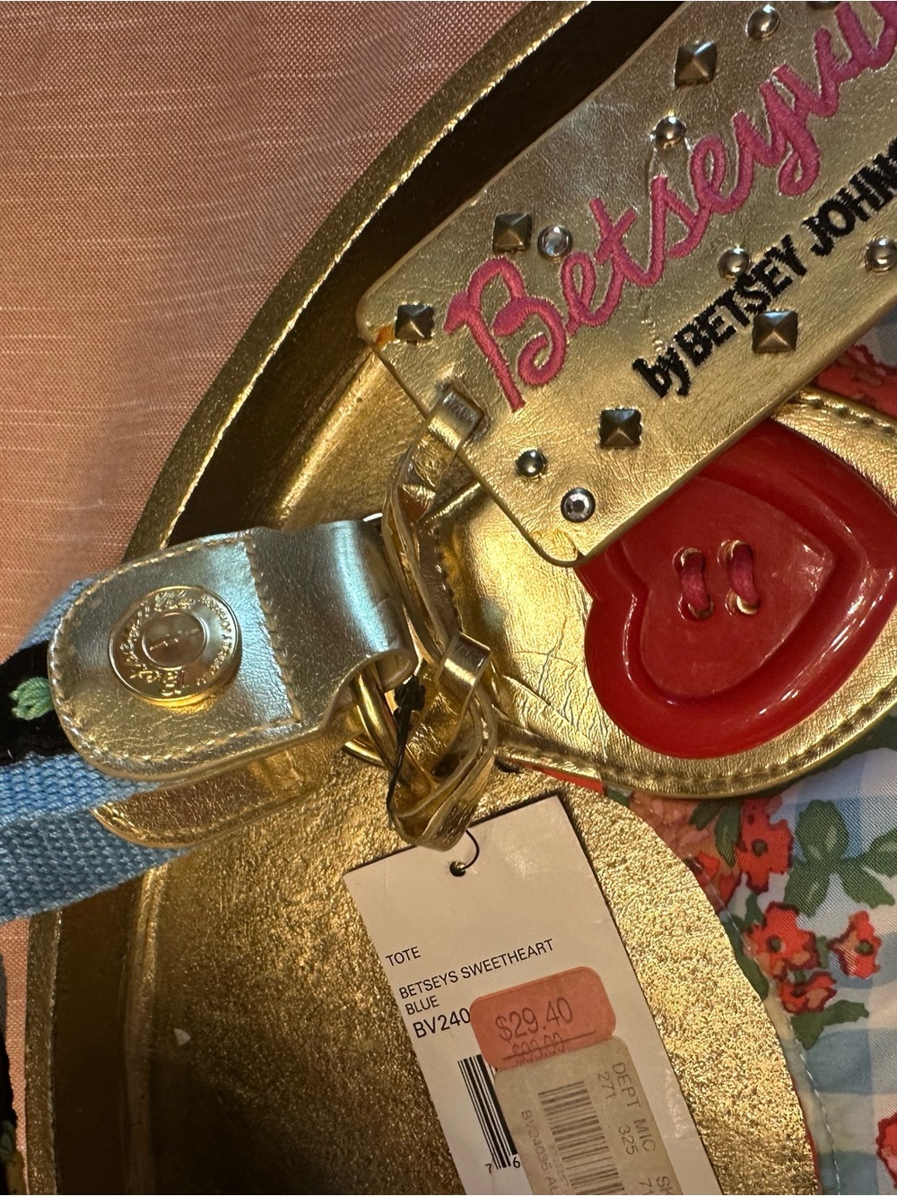 Vintage Betsey Johnson Blue Gingham Shoulder Bag with Red Floral Print - Picture 4 of 7